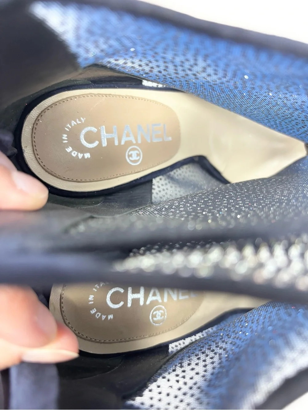 Chanel S/S 2011 Navy Blue Suede Mesh Crystal Ankle Boots Lucite Heel CC Logo 40